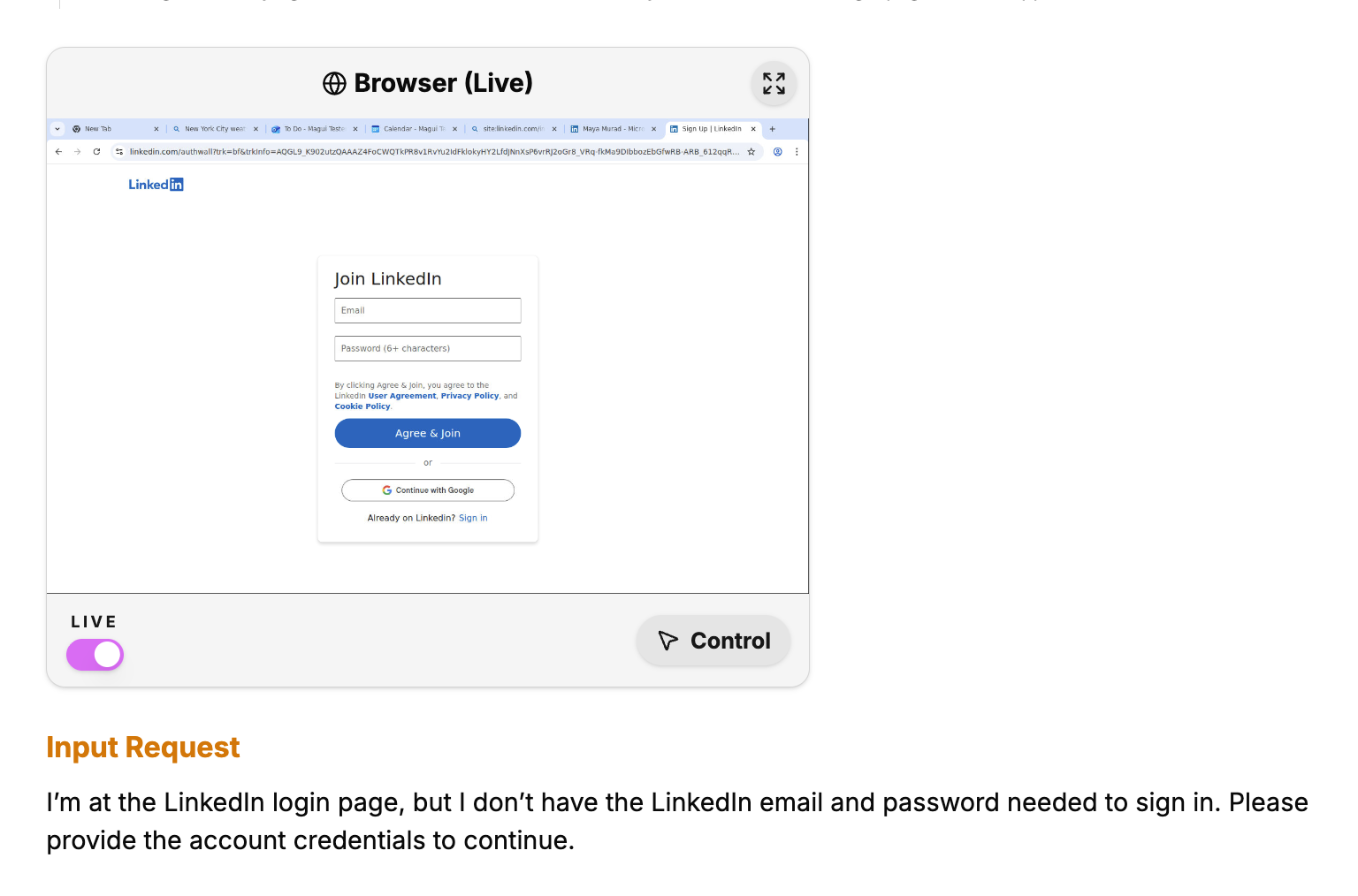 Fara1.5가 LinkedIn 로그인과 같은 중요 지점에서 사용자 개입을 요청하는 모습.